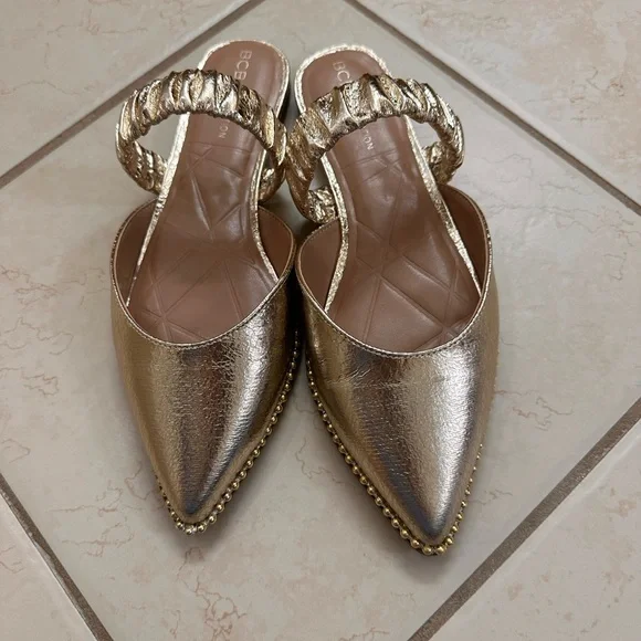 NEW BCBG Women's Gold Textured Mules - Picture 7 of 13